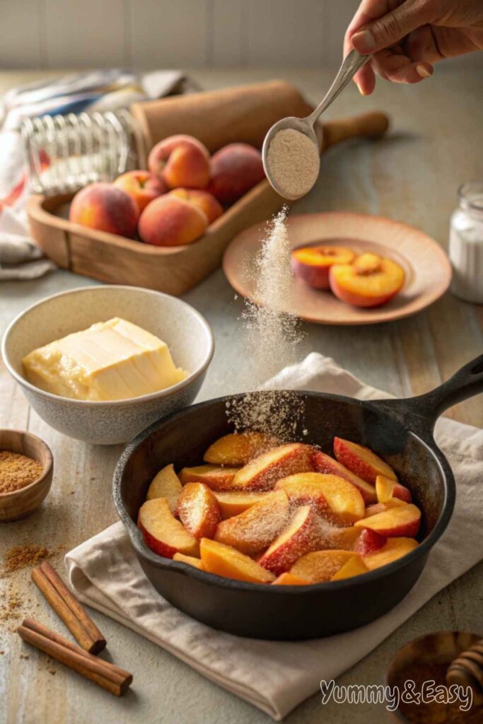 Fresh peach slices being prepared for cobbler.