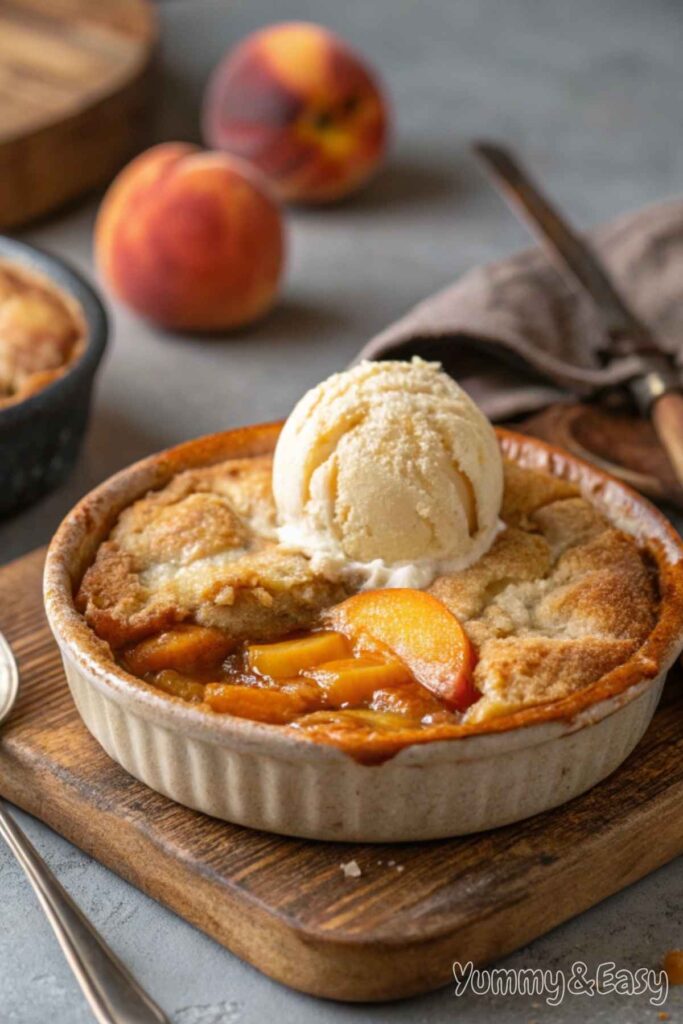 Warm homemade peach cobbler recipe with ice cream on top