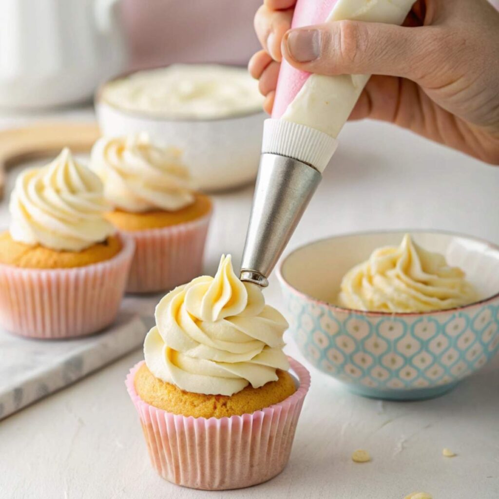 Piping vanilla buttercream onto a freshly baked cupcake.