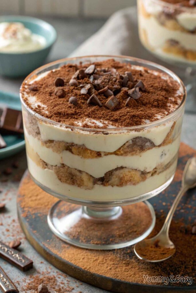 Garnished tiramisu with cocoa, chocolate, and mint