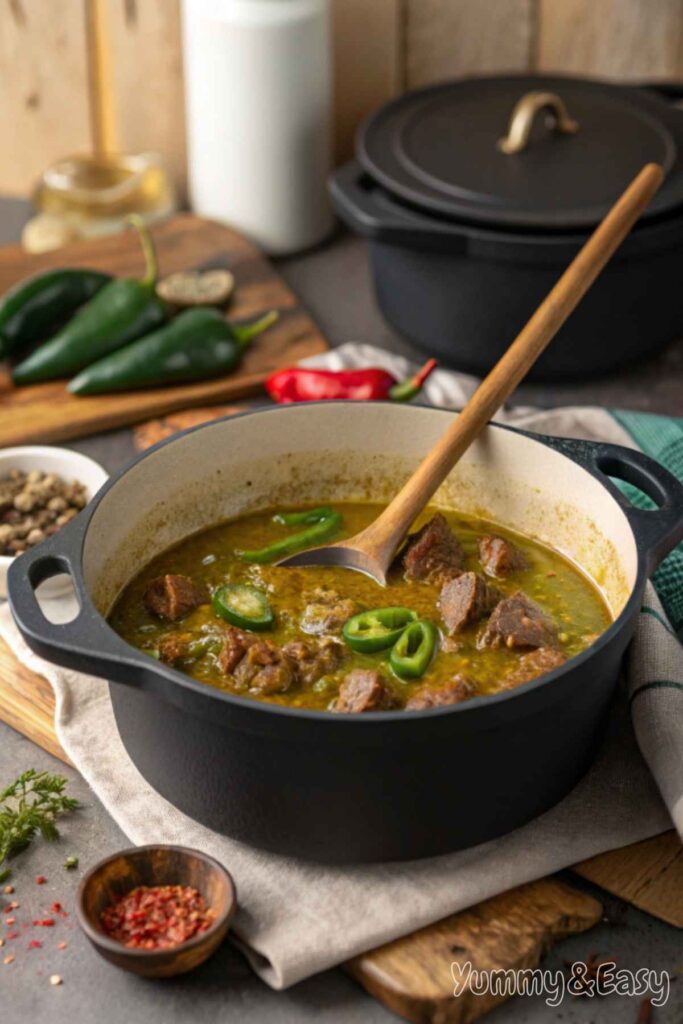 Slow-simmered green chili stew, rich in flavor and spice.