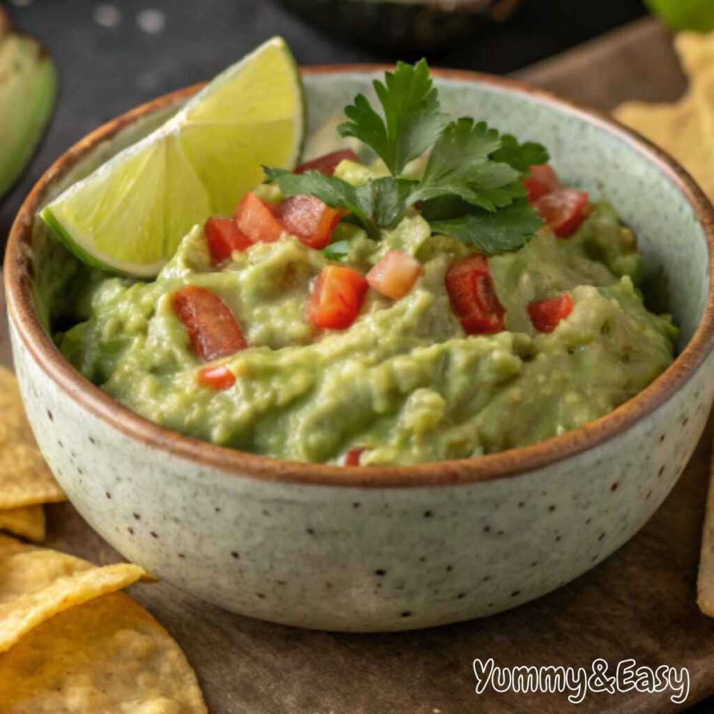 Freshly made guacamole recipe in a rustic bowl with tortilla chips