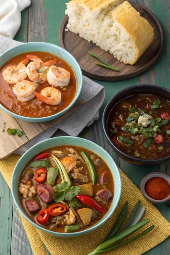 Three Types of Gumbo: Seafood, Chicken & Sausage, and Vegetarian