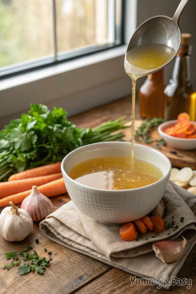 Chicken Bone Broth Recipe Broth in a rustic setting