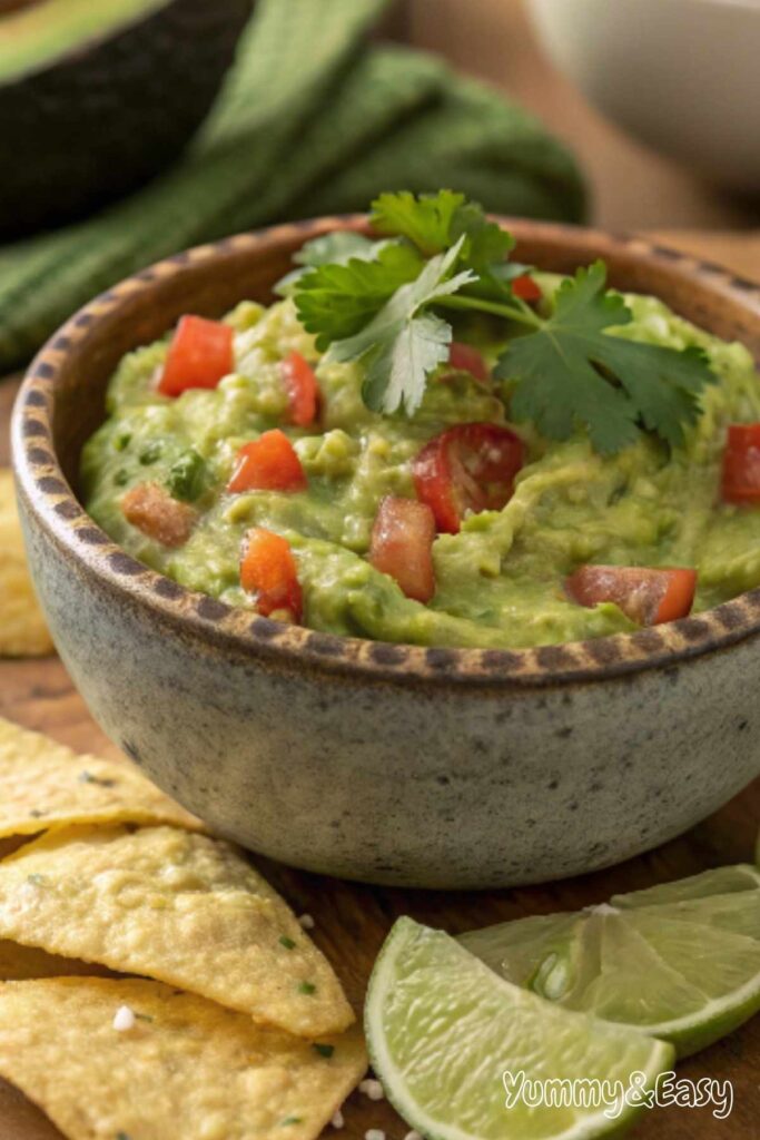 Freshly made guacamole recipe in a rustic bowl with tortilla chips