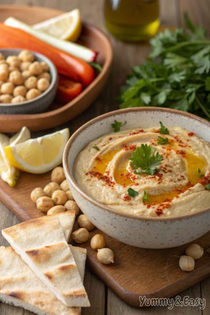 A bowl of homemade creamy hummus with olive oil and paprika.