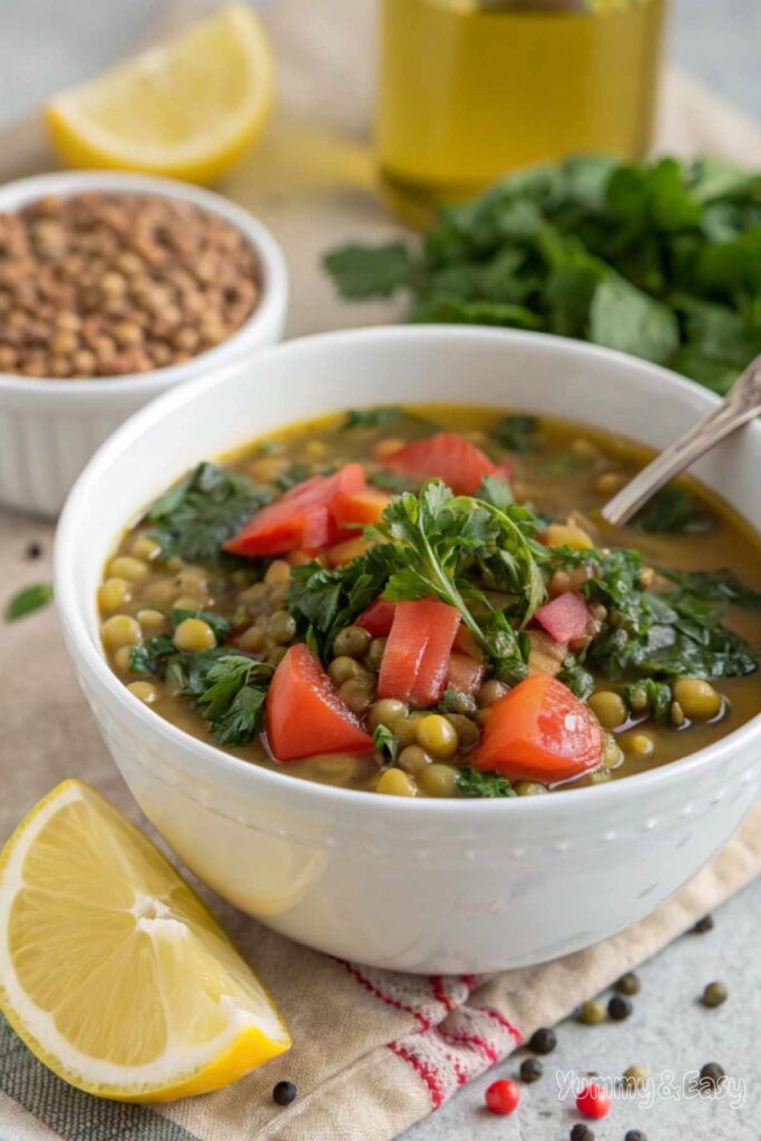 Mediterranean lentil soup with tomatoes and spinach in a bowl.