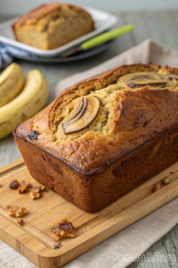 Freshly baked banana bread loaf with a golden crust.