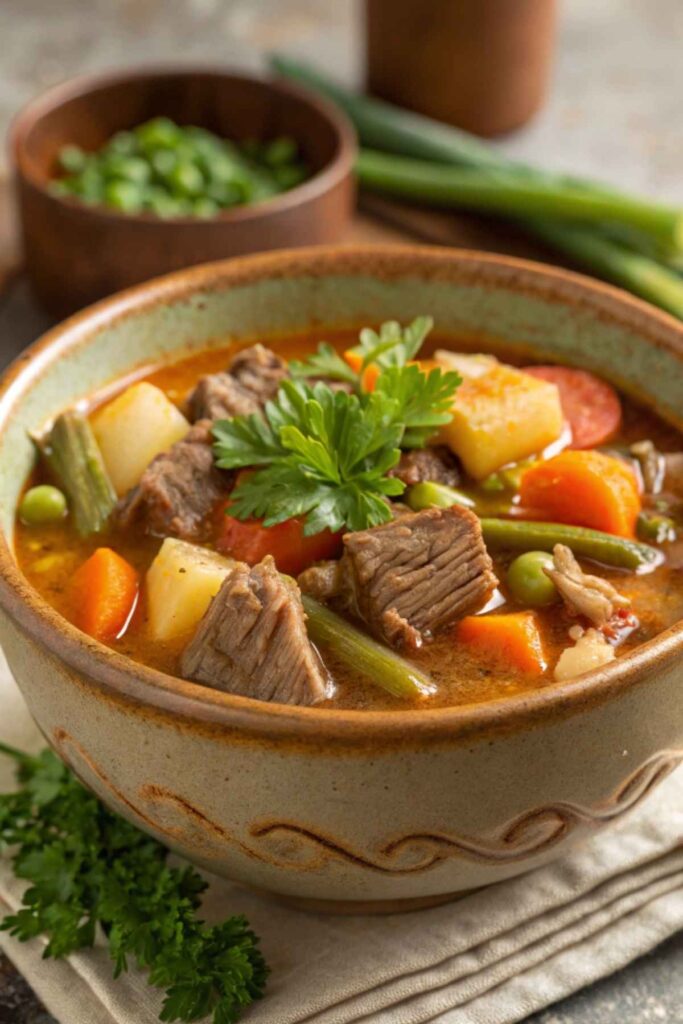 Hearty vegetable beef soup in a rustic bowl with fresh parsley