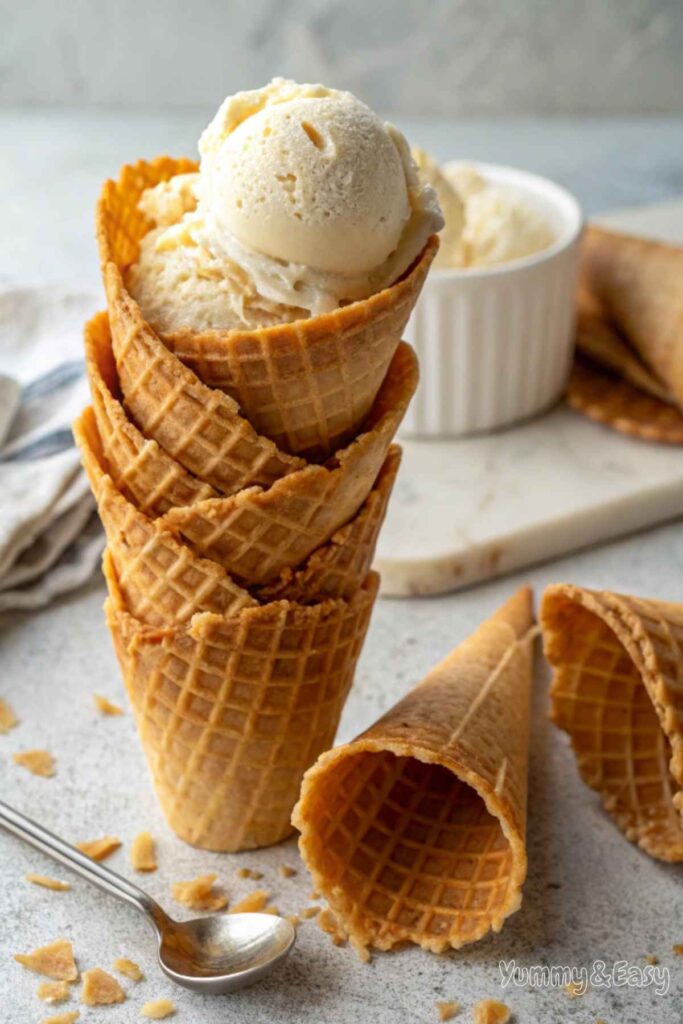 Stack of homemade crispy waffle cones with vanilla ice cream