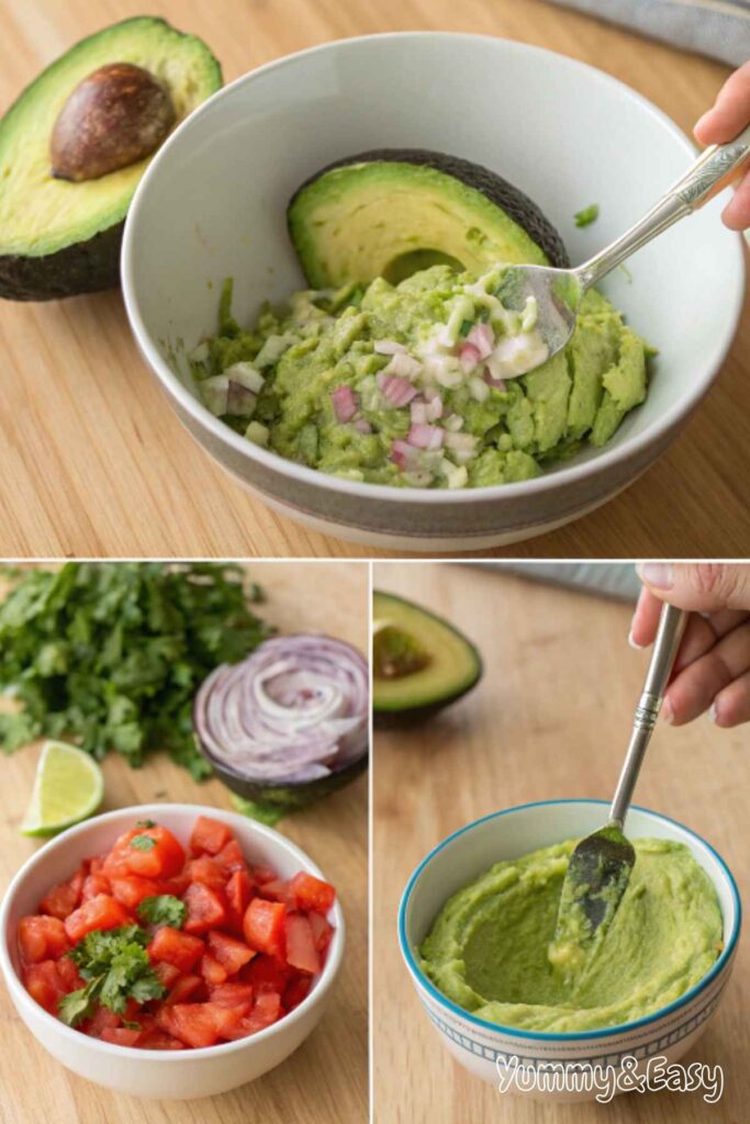 Step-by-step process of making guacamole from fresh ingredients