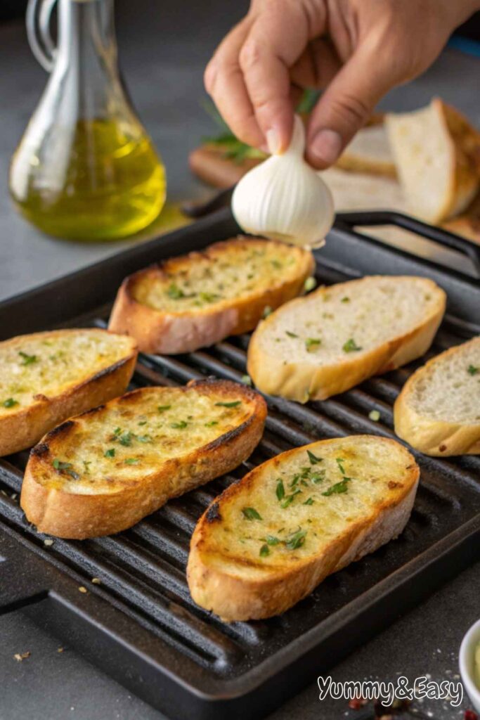 Toasted ciabatta bread rubbed with garlic for bruschetta