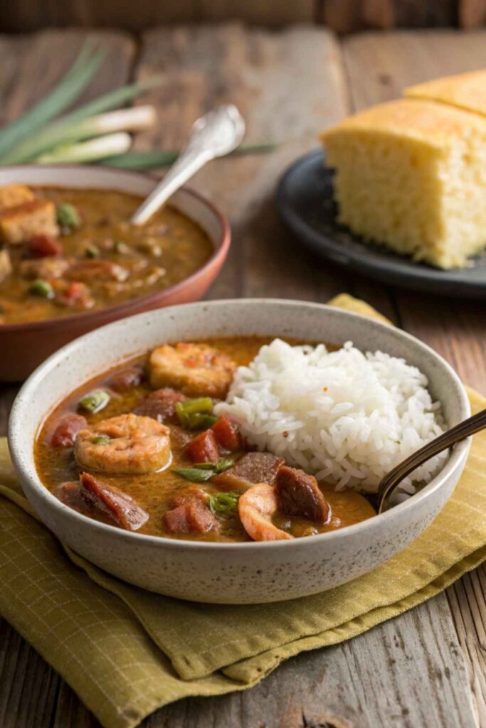 A Bowl of Gumbo Served with Rice and Cornbread