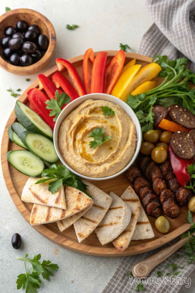 A hummus platter with fresh vegetables, pita bread, and olives.