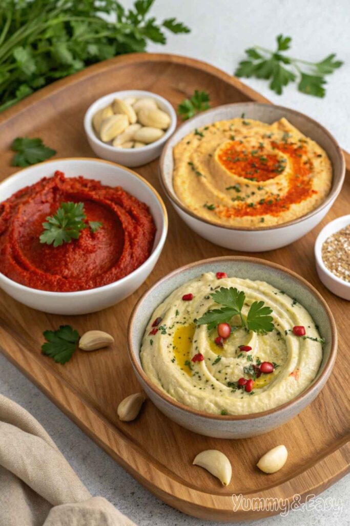 A platter of different hummus variations, including classic and roasted red pepper.