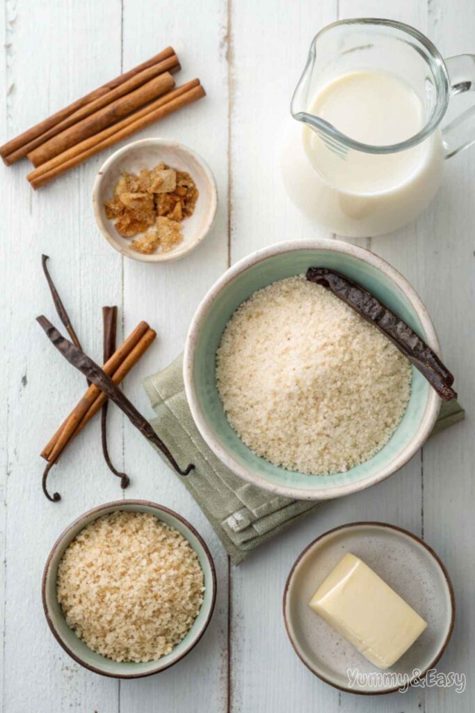 Essential ingredients for making rice pudding