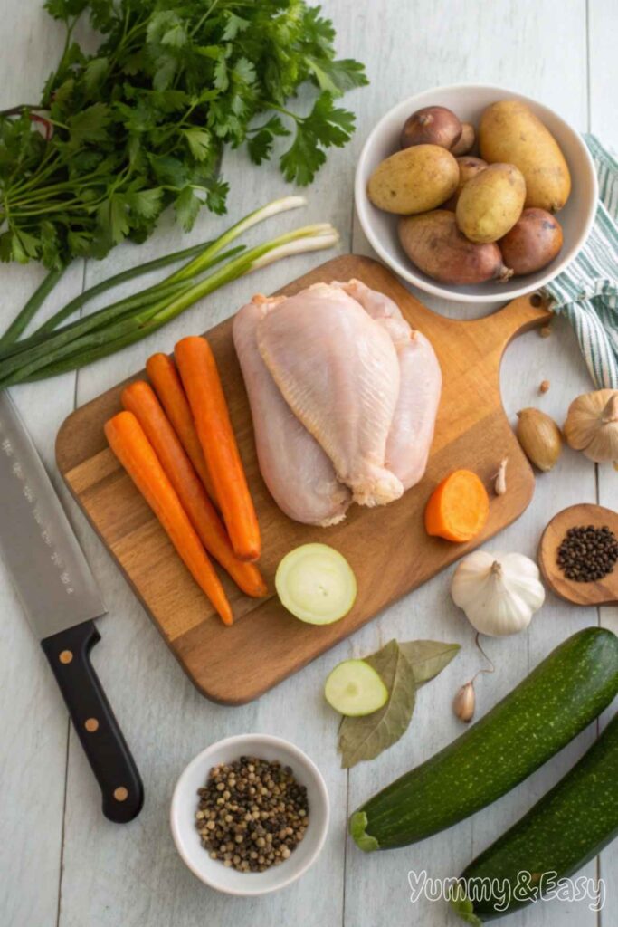 Fresh ingredients for caldo de pollo, including chicken and vegetables.