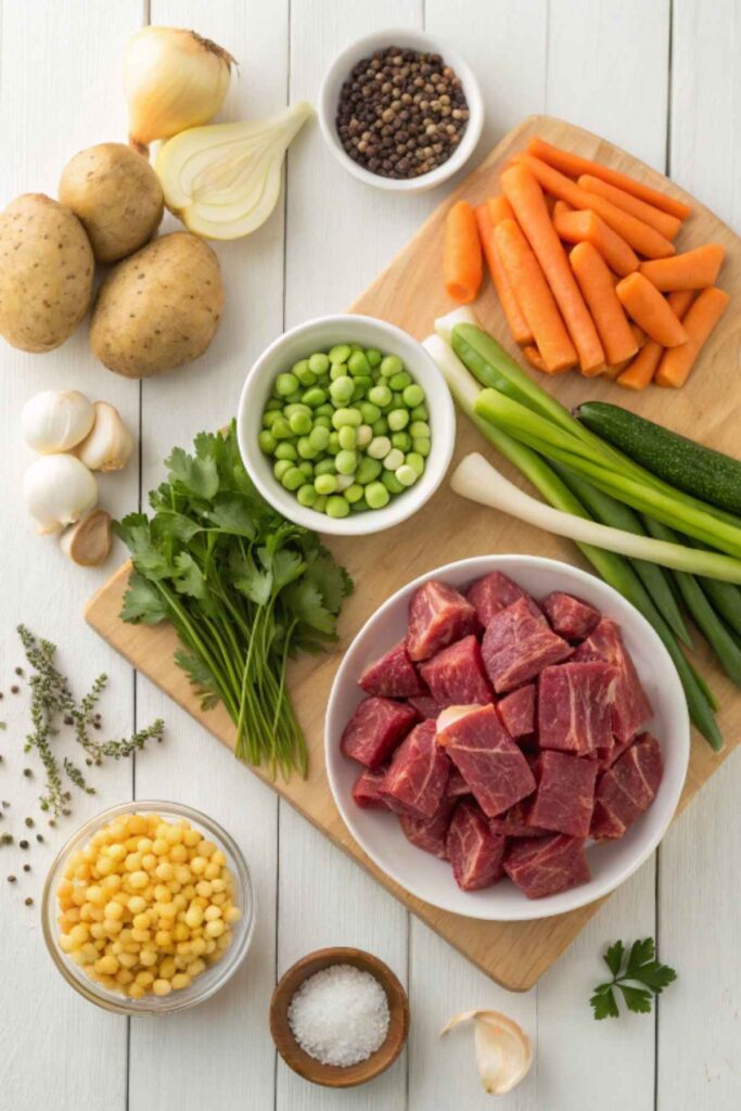 Fresh ingredients for vegetable beef soup, including beef and vegetables.