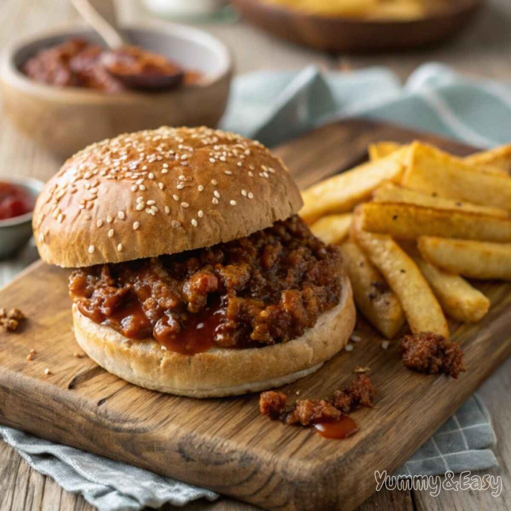 Close-up of a 3-ingredient sloppy joe sandwich on a rustic table.