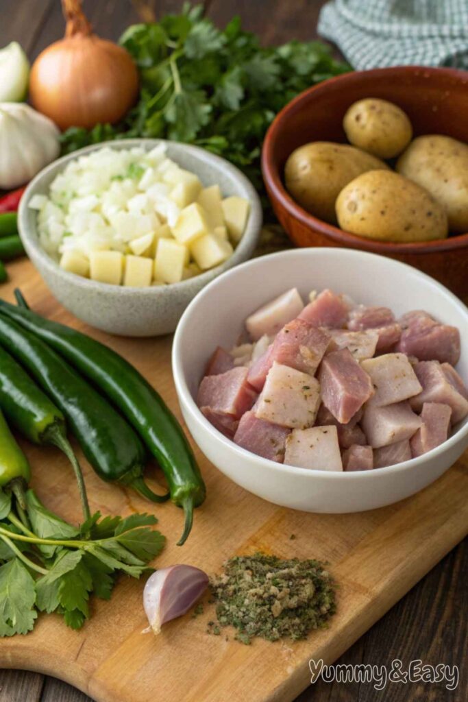 Fresh ingredients for green chili stew on a wooden countertop.