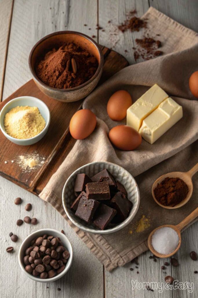 Ingredients for making homemade brownies arranged on a wooden surface.