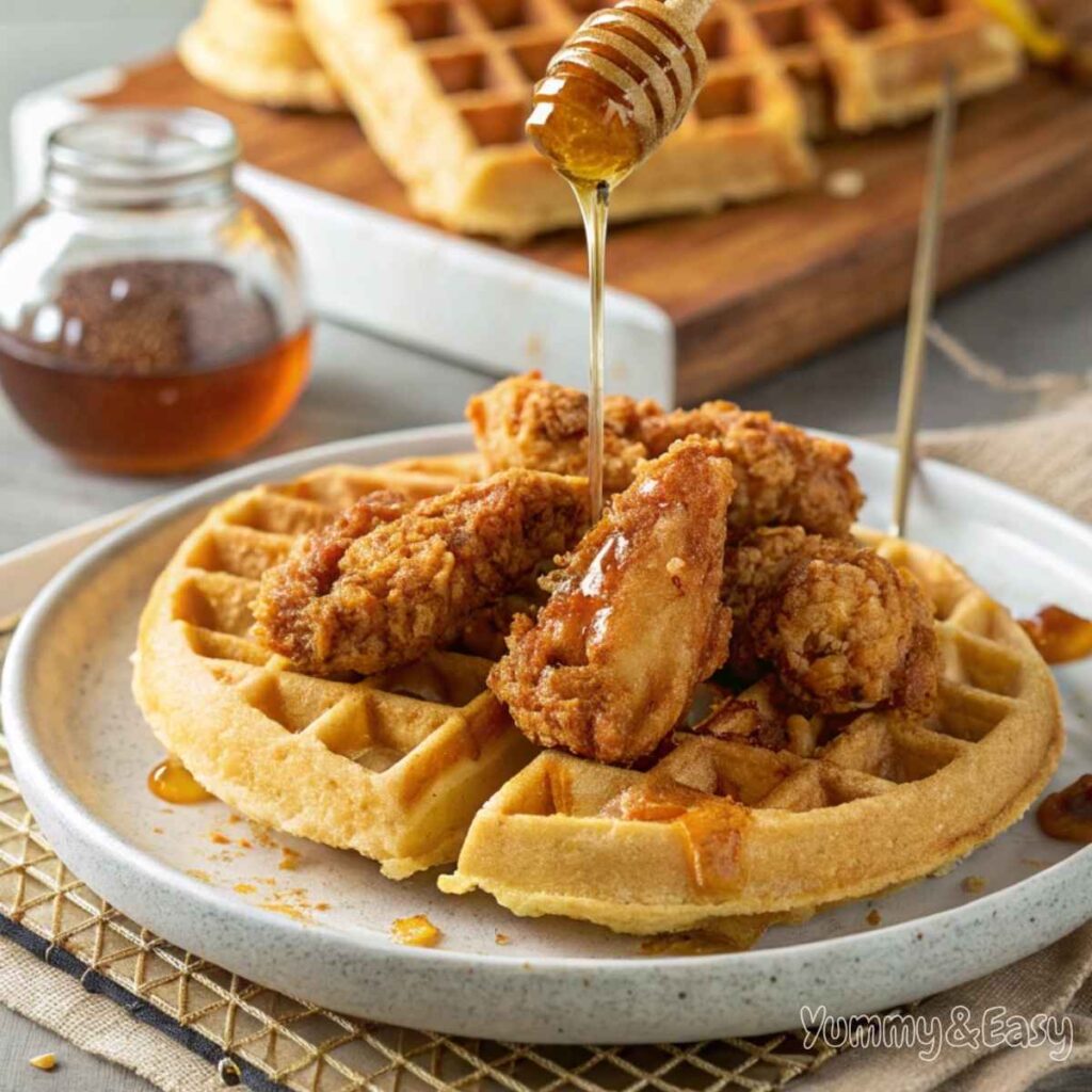 Savory Krusteaz waffle recipe with fried chicken and honey.