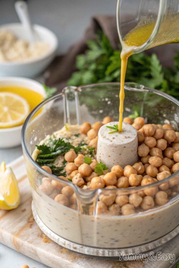 Chickpeas and tahini being blended in a food processor for hummus.