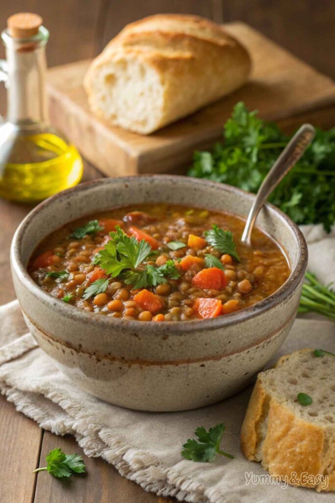 hearty lentil soup garnished with parsley and olive oil