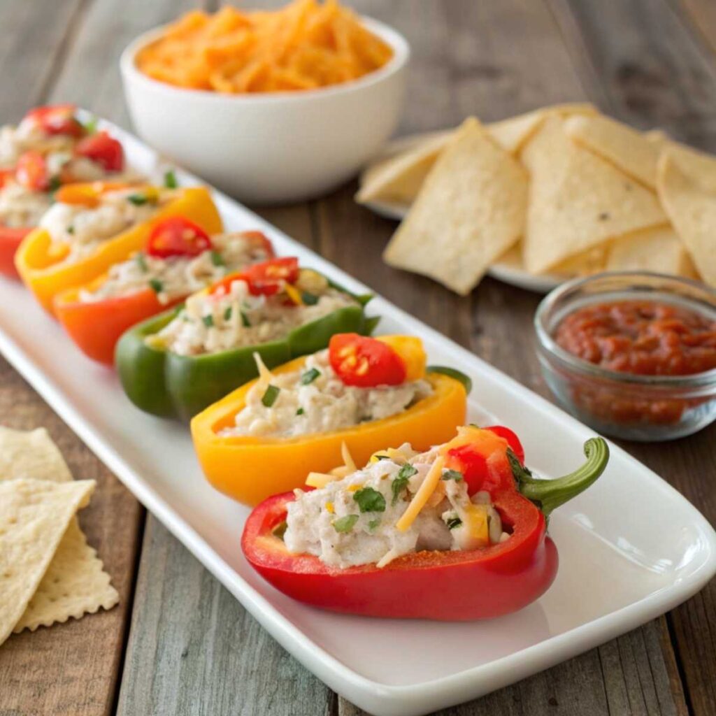 Mini bell peppers stuffed with creamy taco dip, served on a white plate.