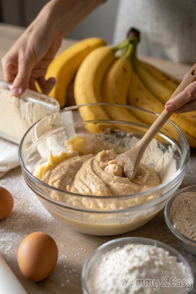 Mixing banana bread batter in a bowl.