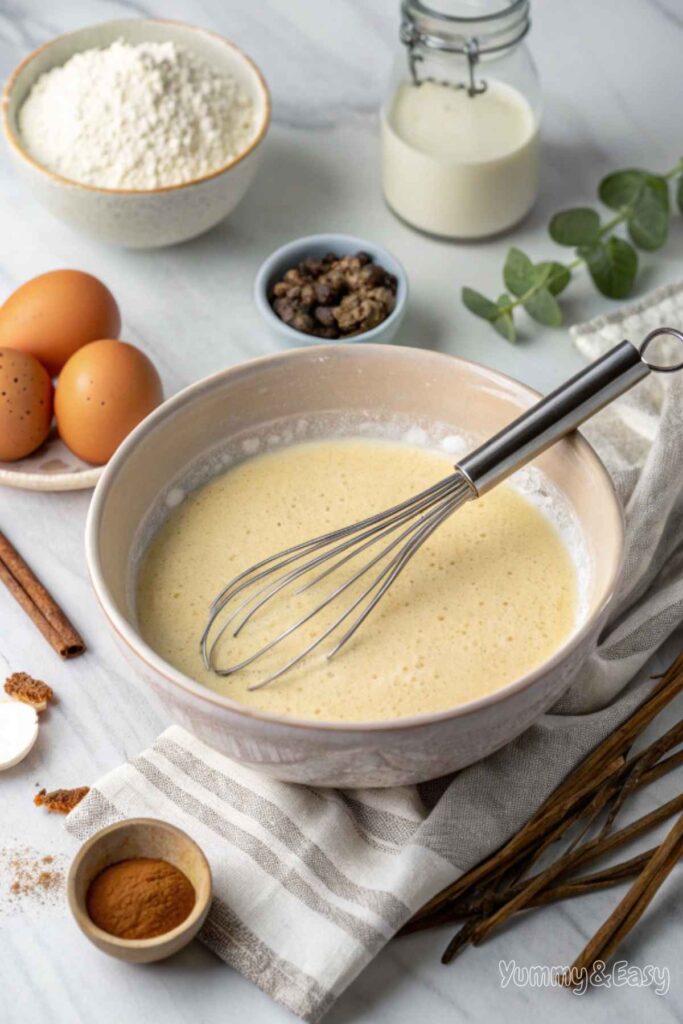 Eggless pancake batter with ingredients on a kitchen counter