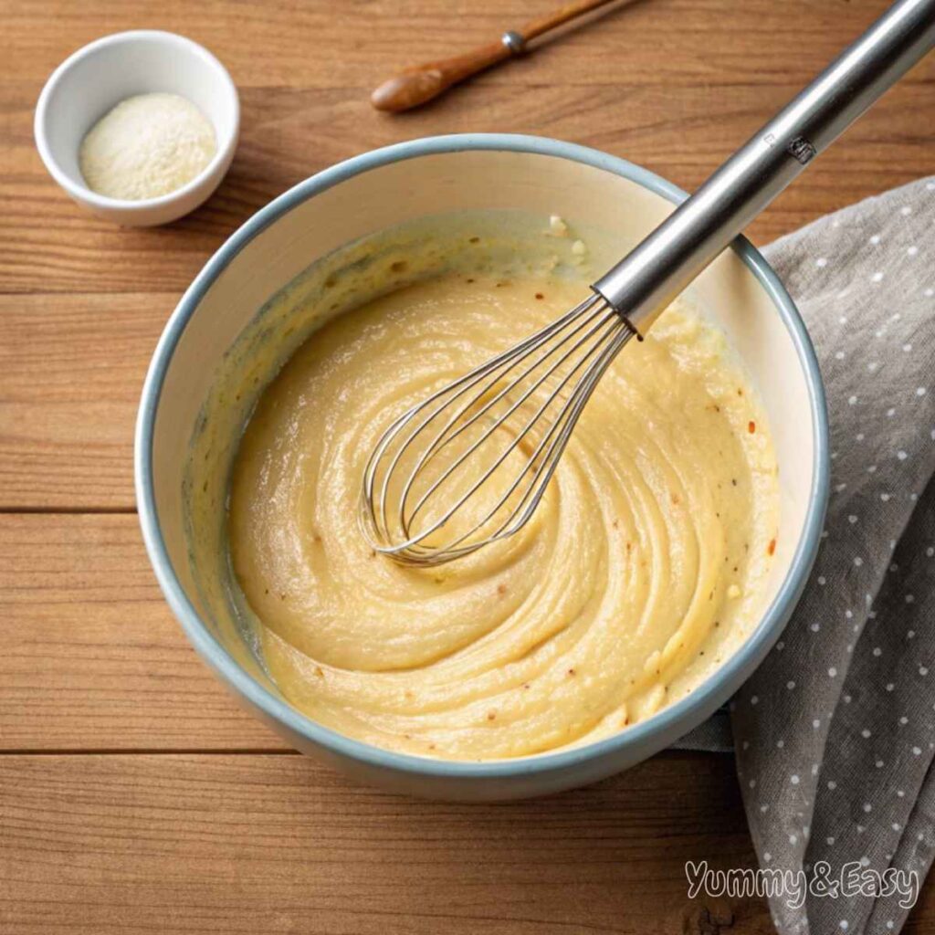 Krusteaz waffle batter being mixed in a bowl.