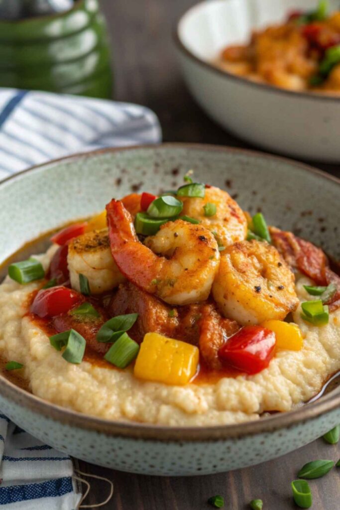 Authentic New Orleans shrimp and grits served in a rustic bowl