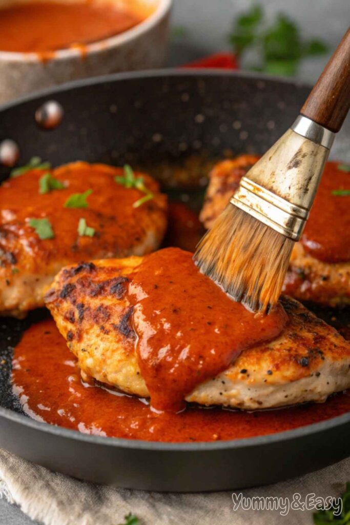 Buffalo chicken coated in a spicy, orange glaze on a pan.