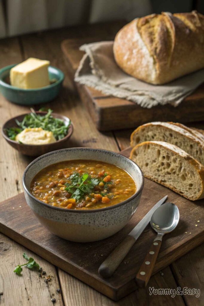 A bowl of lentil soup served with crusty sourdough bread.