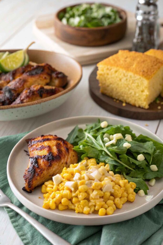 Cheesy corn served with BBQ chicken, fresh salad, and cornbread