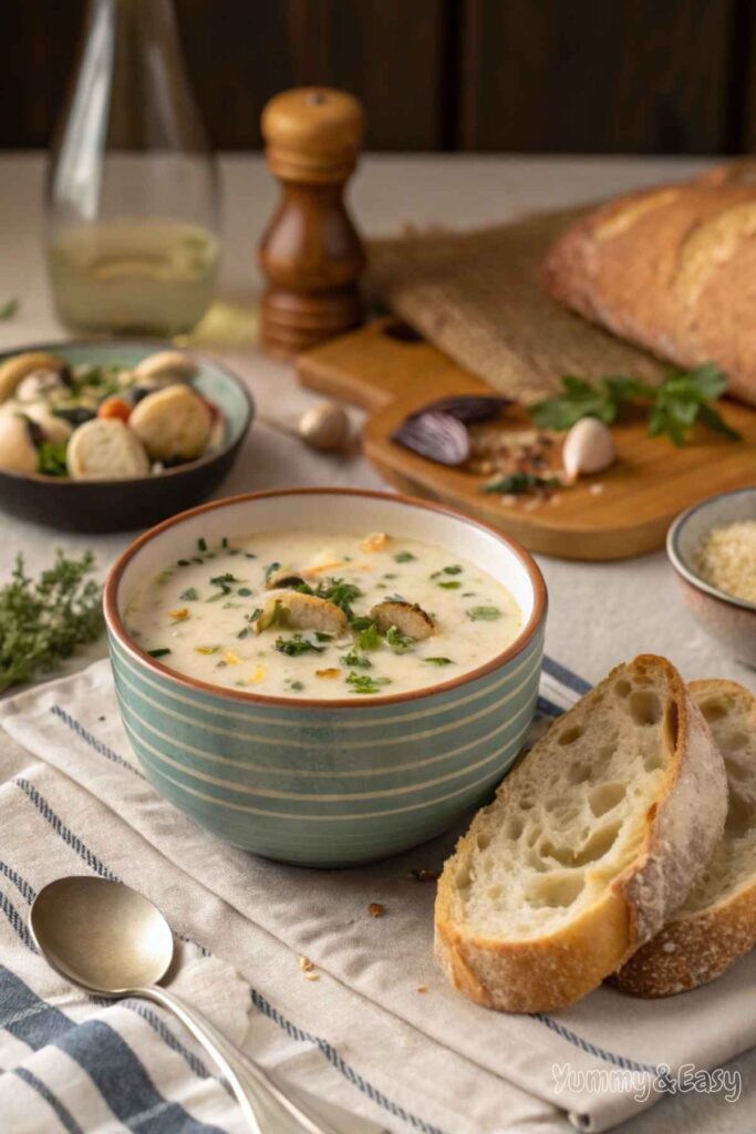 A bowl of clam chowder with sourdough bread