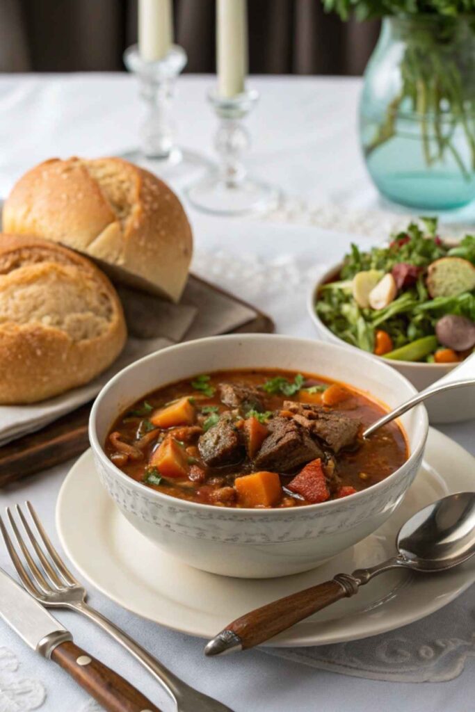 A serving of vegetable beef soup with crusty bread and a side salad