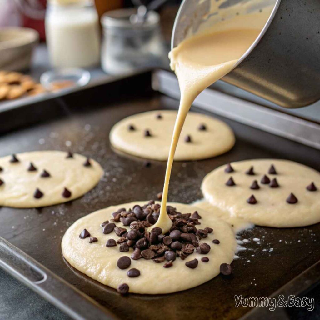 Pancake batter with chocolate chips being poured onto a griddle.