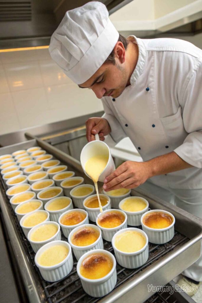 Step-by-step process of making crème brûlée, showing custard being poured into ramekins.