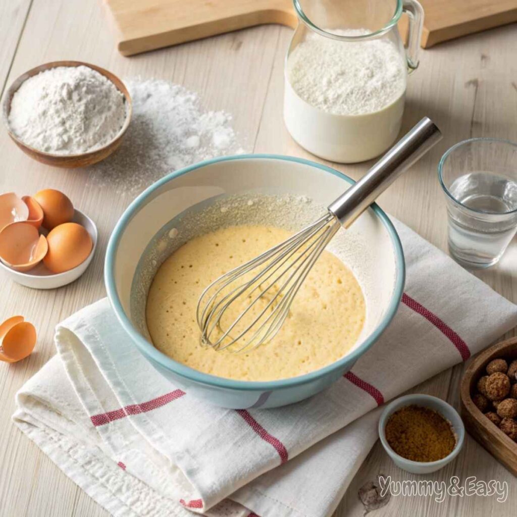 Dairy-free pancake batter in a mixing bowl