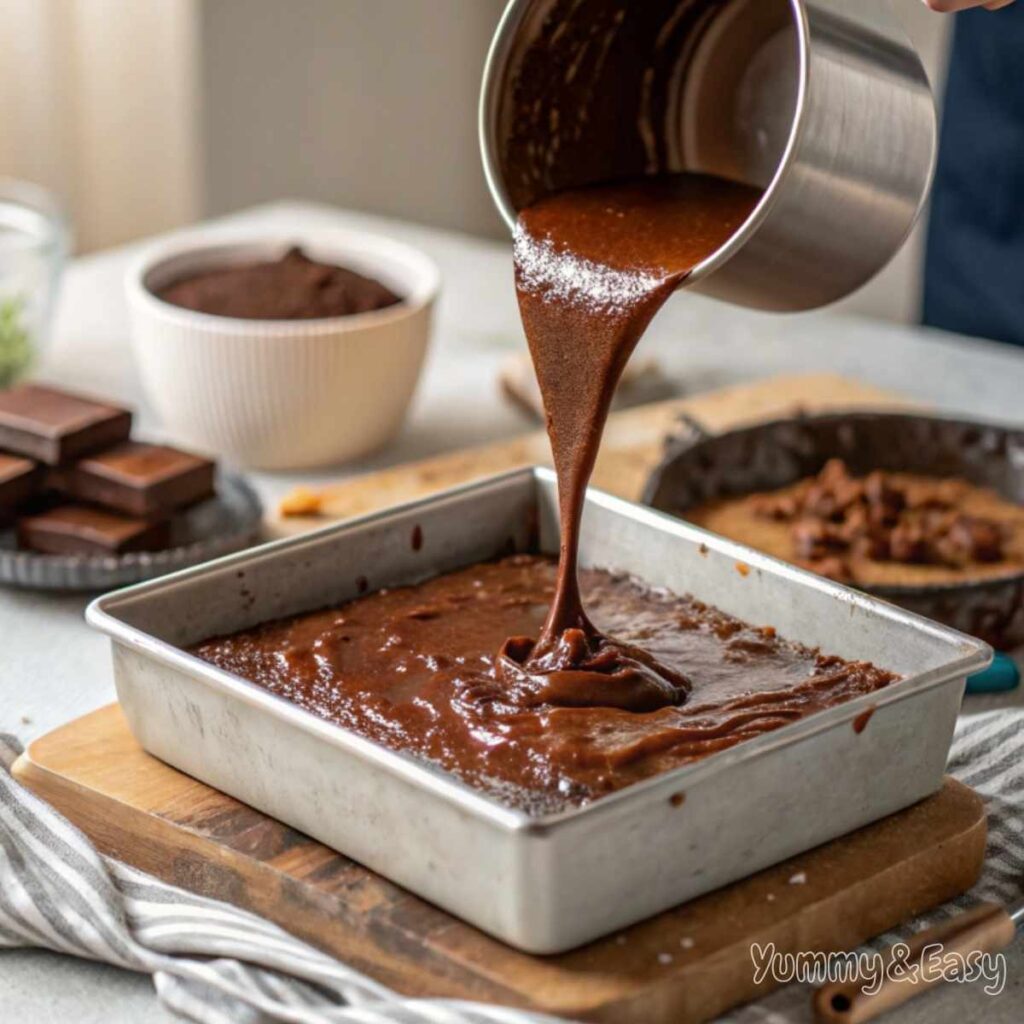 Pouring rich brownie batter into a baking pan for brookies.