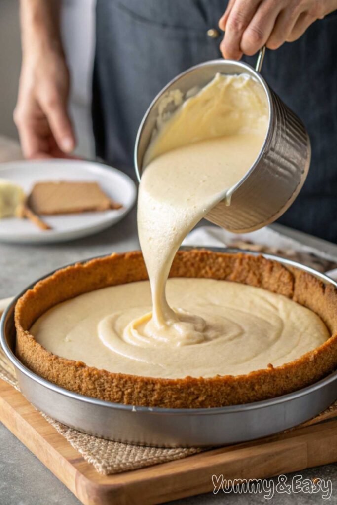 Pouring cheesecake batter into a pan