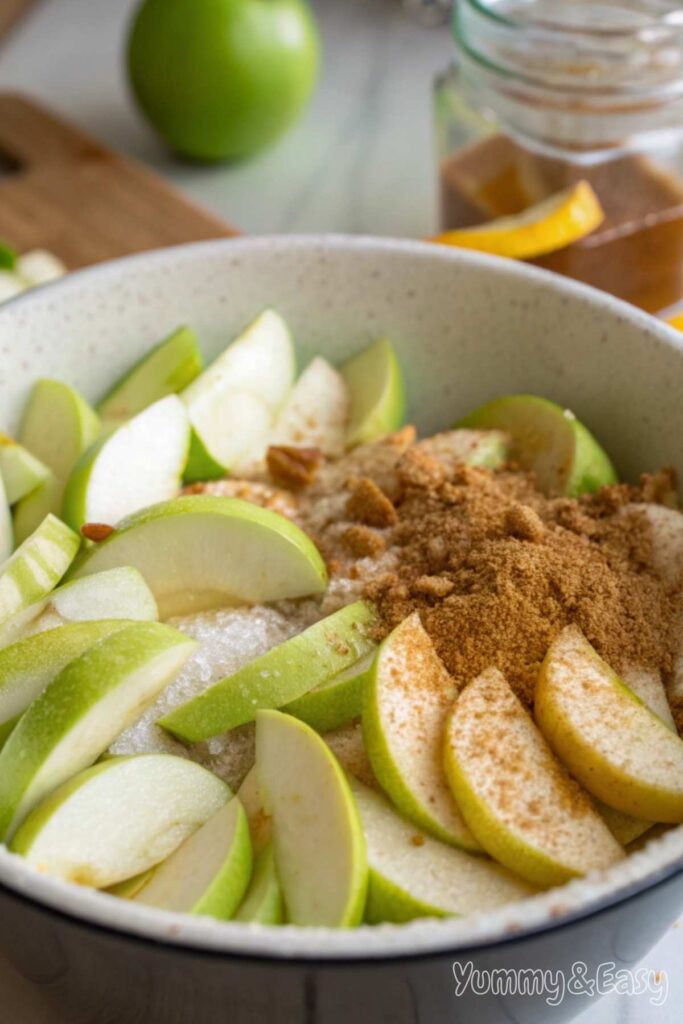 Sliced apples mixed with cinnamon and sugar