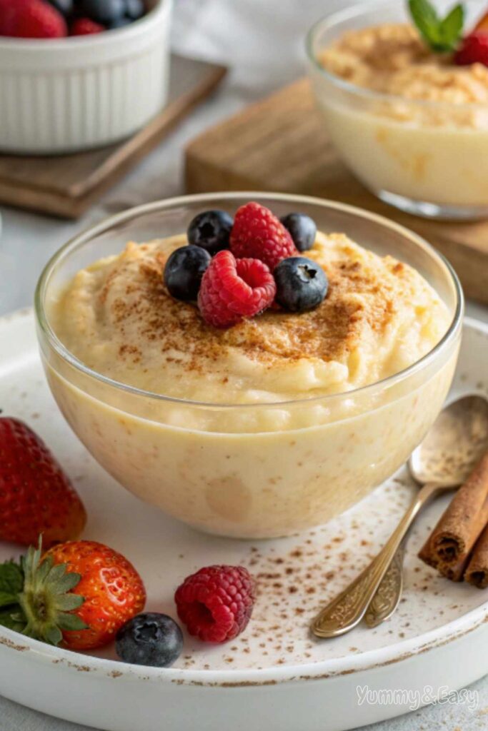 Creamy homemade rice pudding  recipe garnished with cinnamon and berries