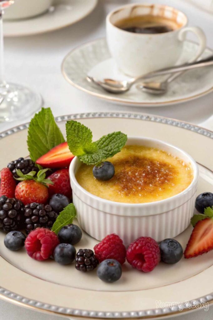 Crème brûlée served with fresh berries