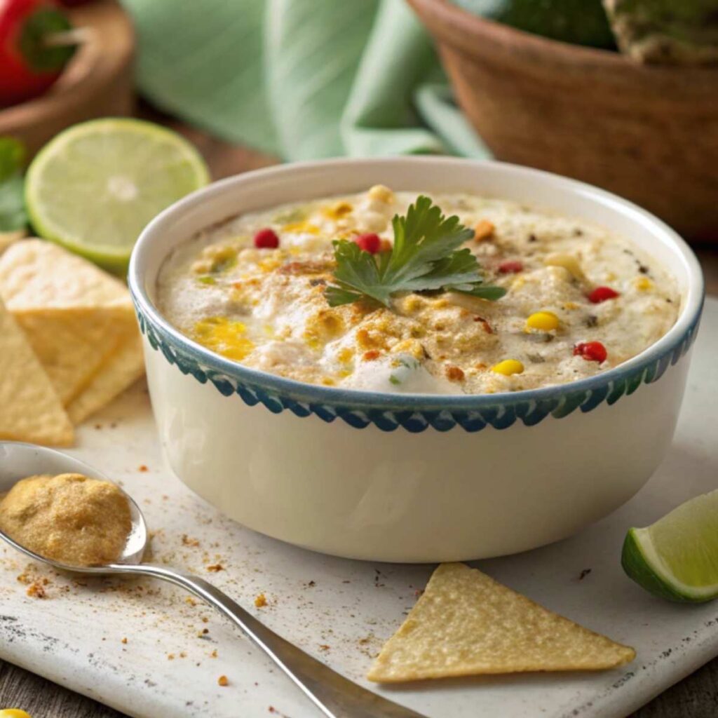 Elote dip served with tortilla chips and fresh veggies on a wooden table