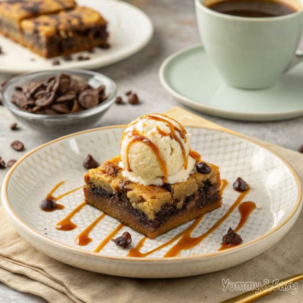 A plated brookie with vanilla ice cream and caramel drizzle.