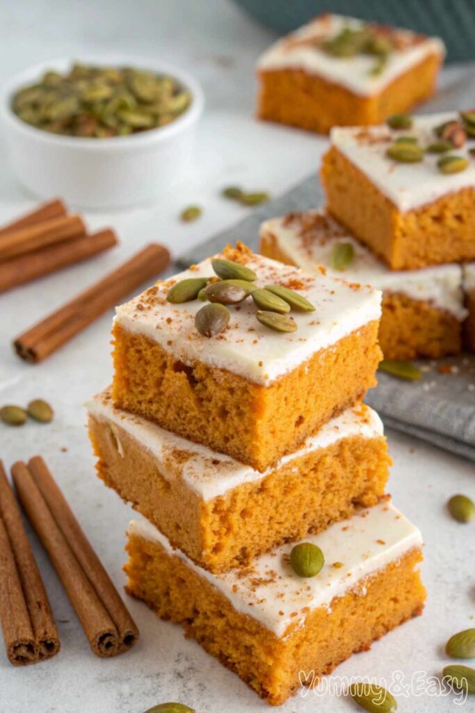 Spreading cream cheese frosting on pumpkin bars