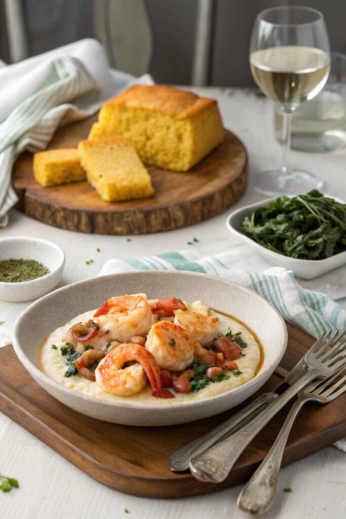 Southern dinner table with shrimp and grits, cornbread